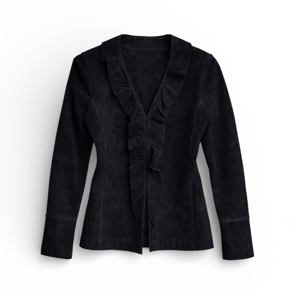Jackets & Blazers - Vintage Black Suede-Look Fitted Jacket | Ruffle Front Gothic Romantic Small